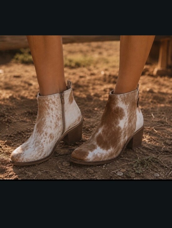 Myra Bag Shoes - Myra Tan Brown White Calf Hair Leather Maximalist Cowgirl Ankle Booties Size 6